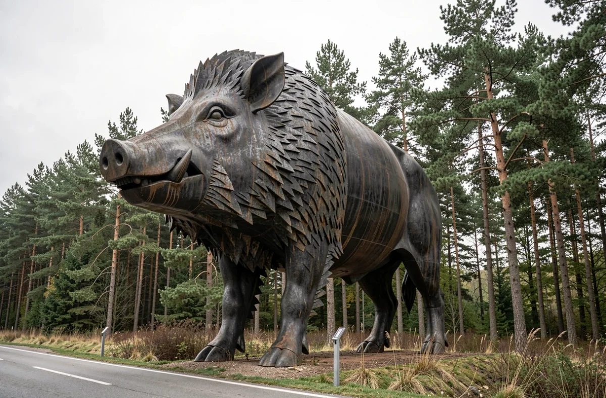 Sculpture monumentale du sanglier Woinic dans les Ardennes françaises, la plus grande représentation en fonte d'un sanglier au monde