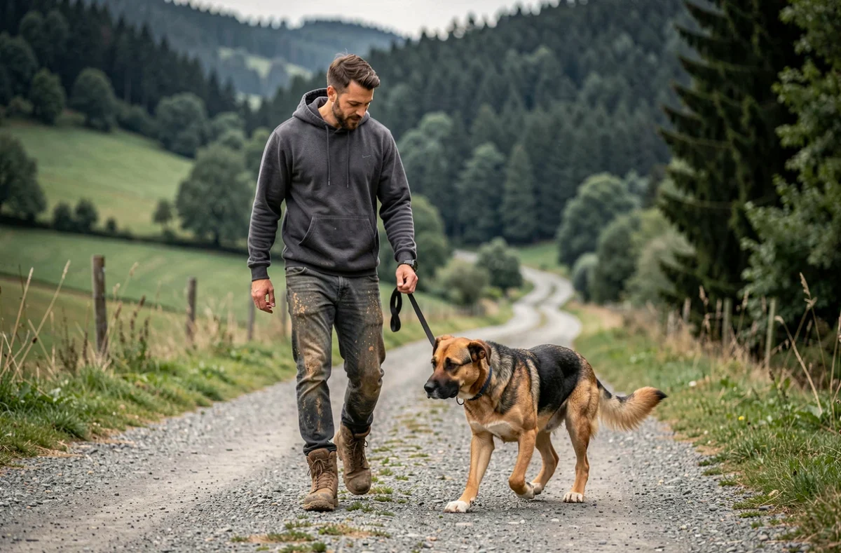 Seb Dog Educ 57 guidant son chien en laisse sur un chemin de campagne près de Velving en Moselle