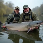 Deux pêcheurs tenant un silure géant au bord d'une rivière européenne, illustrant les dimensions impressionnantes de ce poisson record