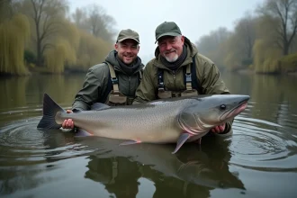 Deux pêcheurs tenant un silure géant au bord d'une rivière européenne, illustrant les dimensions impressionnantes de ce poisson record