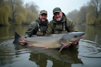 Deux pêcheurs tenant un silure géant au bord d'une rivière européenne, illustrant les dimensions impressionnantes de ce poisson record
