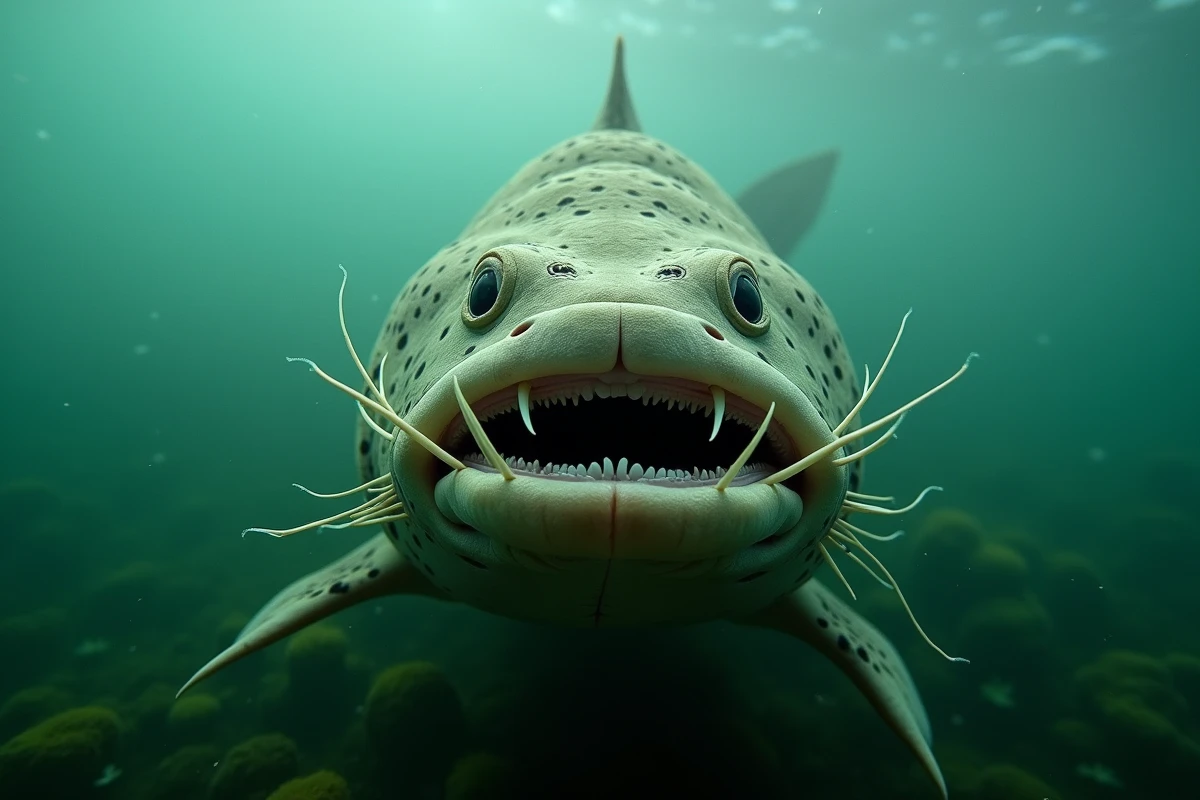 Gros plan sous-marin du visage d'un silure géant avec ses barbillons caractéristiques, capturé en plongée dans une rivière européenne