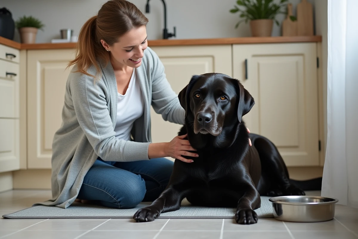 Femme d'âge mûr massant doucement les articulations d'un vieux labrador noir dans une cuisine moderne
