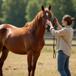Femme appliquant un spray naturel anti-mouches sur un cheval alezan dans un paddock en été