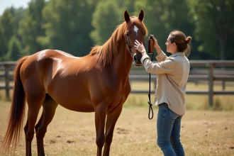 Femme appliquant un spray naturel anti-mouches sur un cheval alezan dans un paddock en été