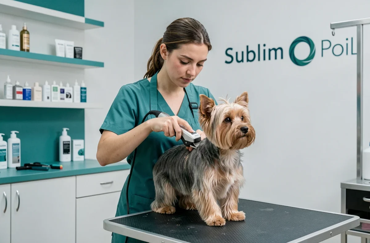 Toiletteuse utilisant des tondeuses professionnelles pour styliser le pelage d'un Yorkshire terrier au salon Sublim O Poil