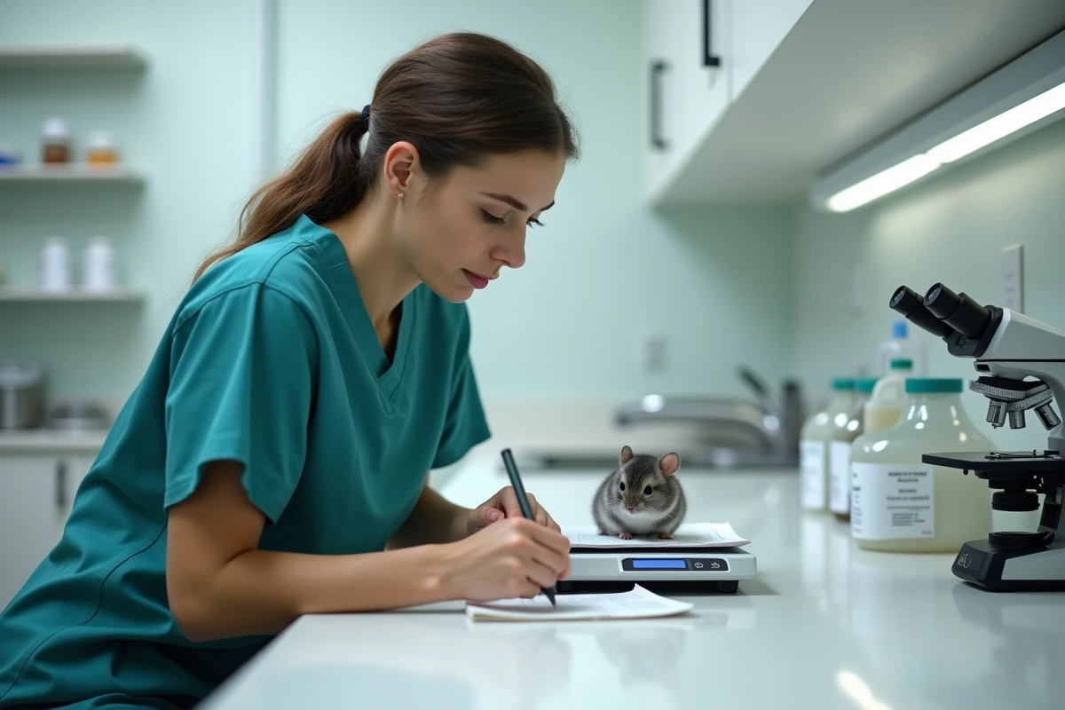 Technicienne vétérinaire pesant une chinchilla sur une balance de précision dans une clinique spécialisée en rongeurs