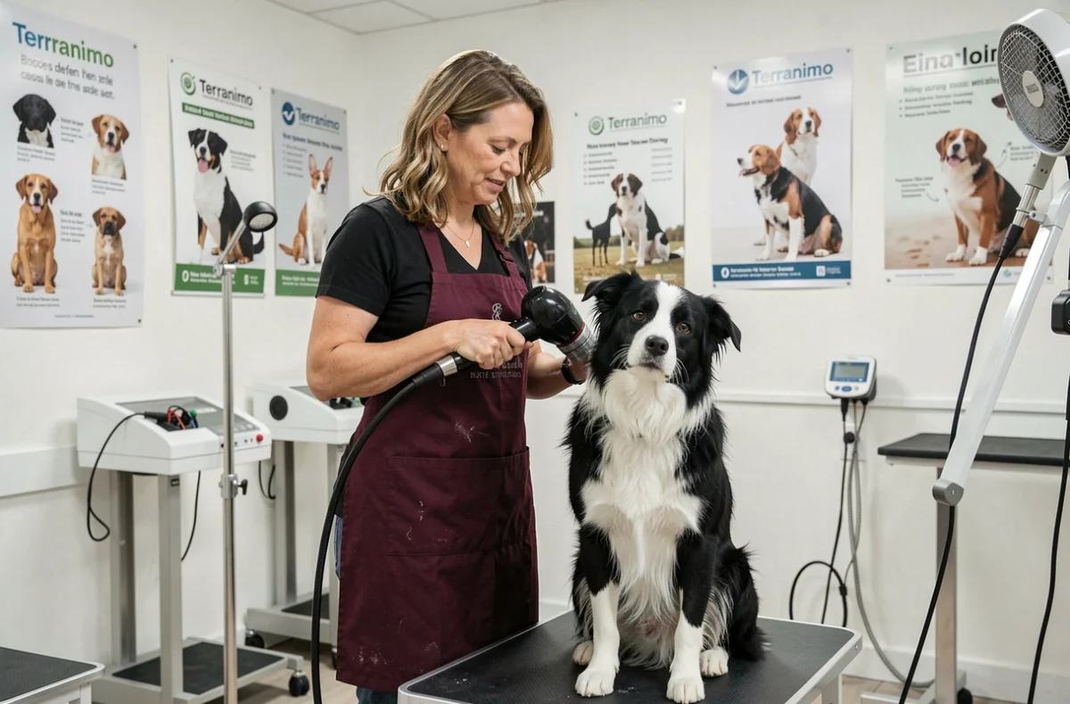 Toiletteuse professionnelle séchant le pelage d'un Border collie au salon Terranimo Quimper dans un espace équipé et moderne