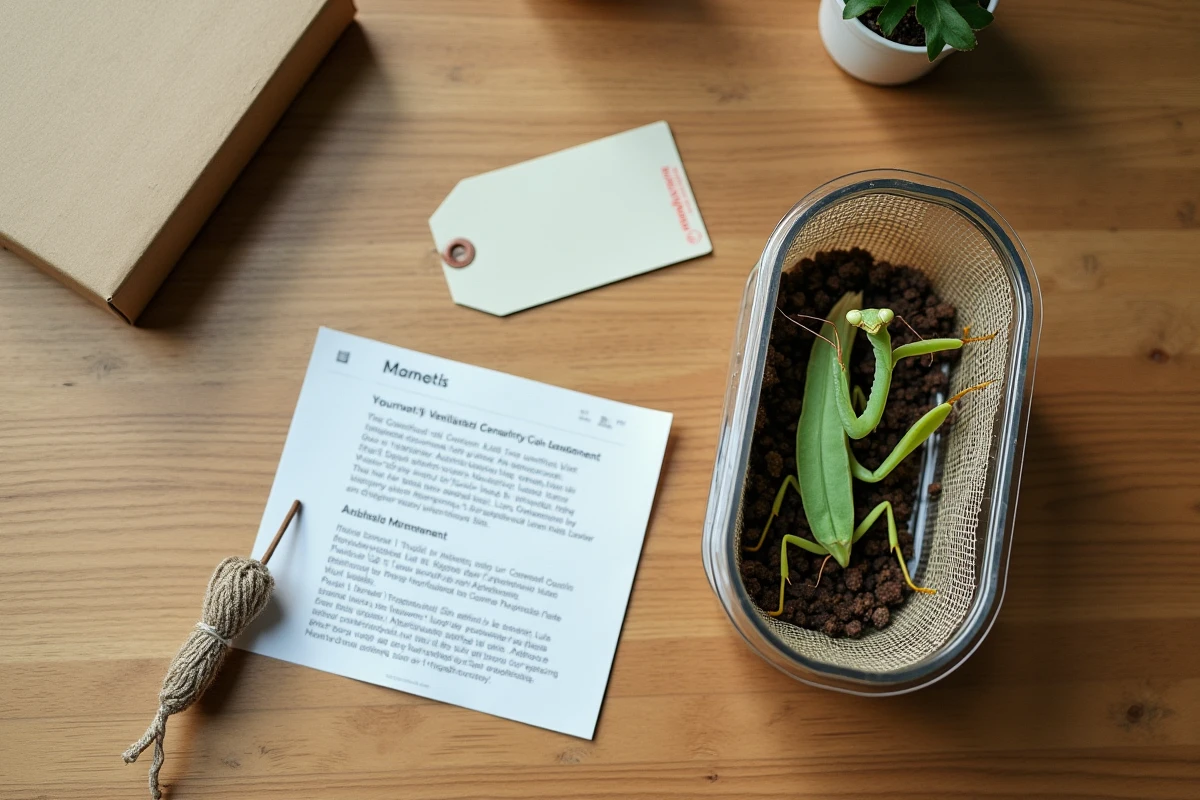 Terrarium de mante fantôme rare avec fiche de soin et étiquette de prix, achat chez un éleveur spécialisé