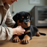 Éleveuse professionnelle évaluant le caractère d'un chiot Rottweiler lors d'un test de tempérament en intérieur