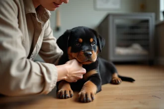 Éleveuse professionnelle évaluant le caractère d'un chiot Rottweiler lors d'un test de tempérament en intérieur