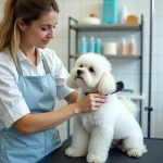 Toiletteuse professionnelle brossant doucement le pelage blanc soyeux d'un Bichon Maltais sur une table de toilettage en salon spécialisé