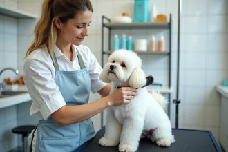Toiletteuse professionnelle brossant doucement le pelage blanc soyeux d'un Bichon Maltais sur une table de toilettage en salon spécialisé