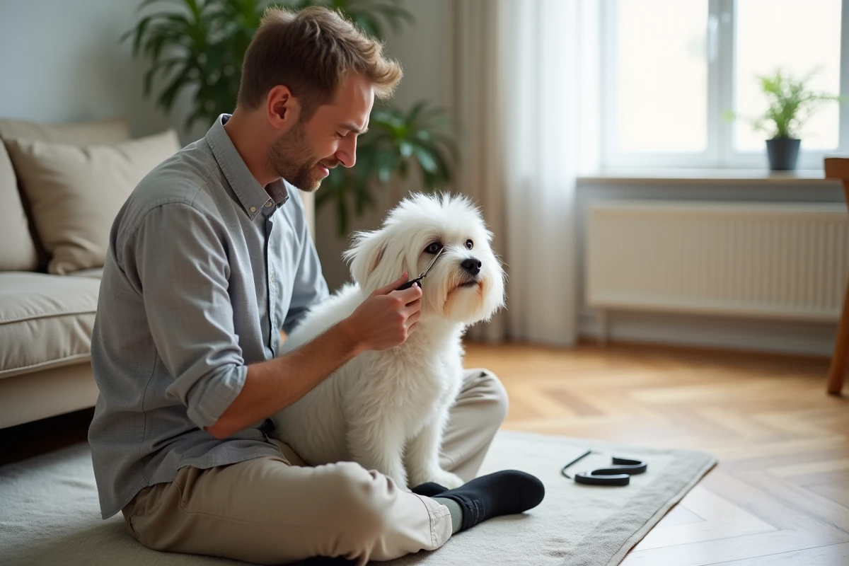 Propriétaire taillant délicatement le poil autour des yeux de son Bichon Maltais à la maison avec des ciseaux à bouts ronds