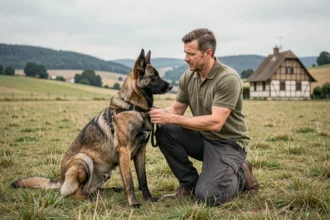 Éducateur canin professionnel avec son chien dans la campagne du Grand Est, illustrant le top 10 des meilleurs éducateurs canins de la région