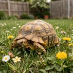 Tortue de Hermann broutant des pissenlits et du trèfle dans un jardin naturel avec mauvaises herbes comestibles
