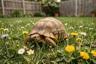 Tortue de Hermann broutant des pissenlits et du trèfle dans un jardin naturel avec mauvaises herbes comestibles