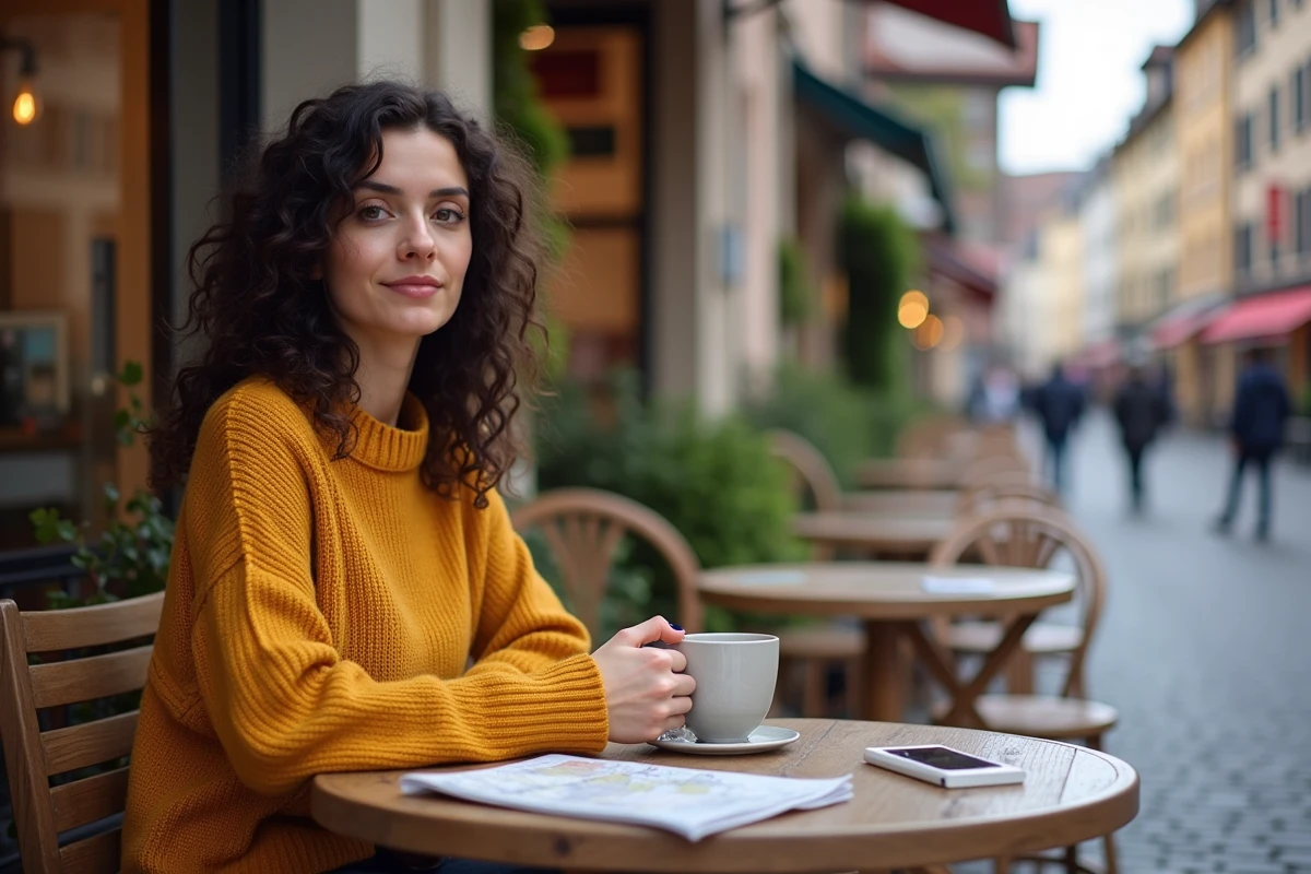Femme consultant un guide touristique dans un café en terrasse à Strasbourg près d'un parc animalier