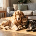 Un chien et un chat couchés ensemble dans un salon lumineux