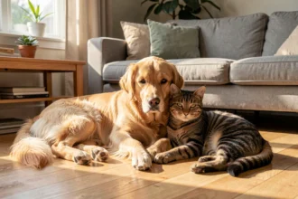 Un chien et un chat couchés ensemble dans un salon lumineux