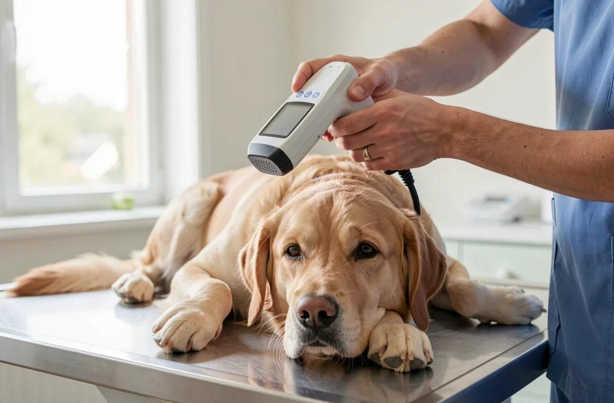 Un vétérinaire passe un lecteur sur un chien pour vérifier sa puce