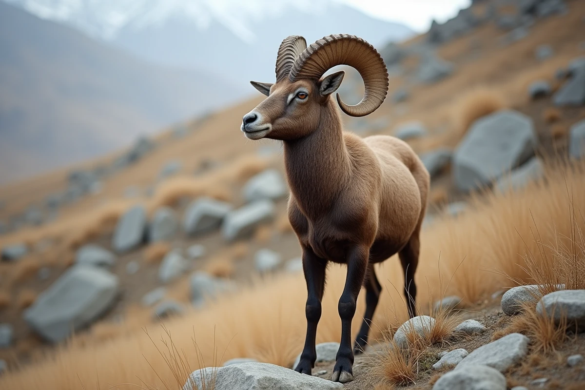 Urial sauvage aux cornes recourbées sur un terrain rocheux montagneux, parfait pour illustrer un abécédaire d'animaux