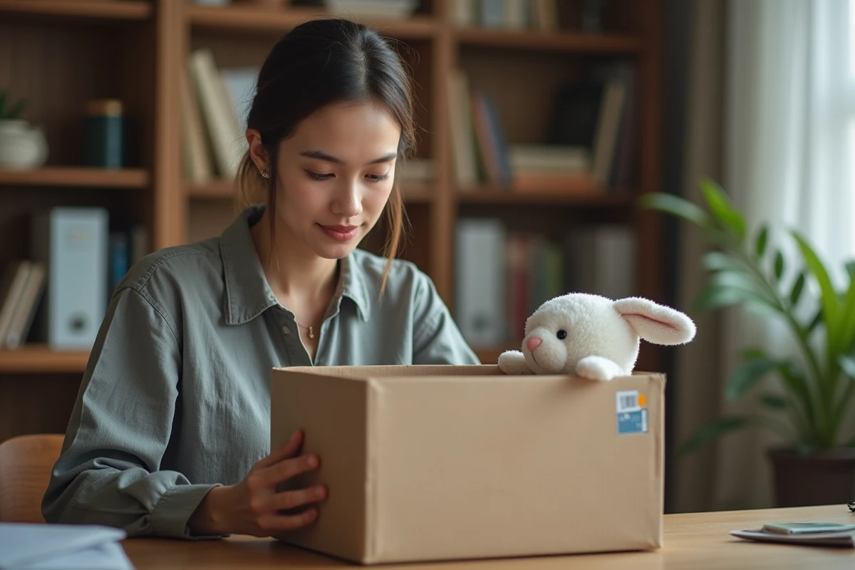 Femme examinant l'emballage d'un jouet-lapin Petsboro pour vérifier l'autocollant d'authenticité holographique
