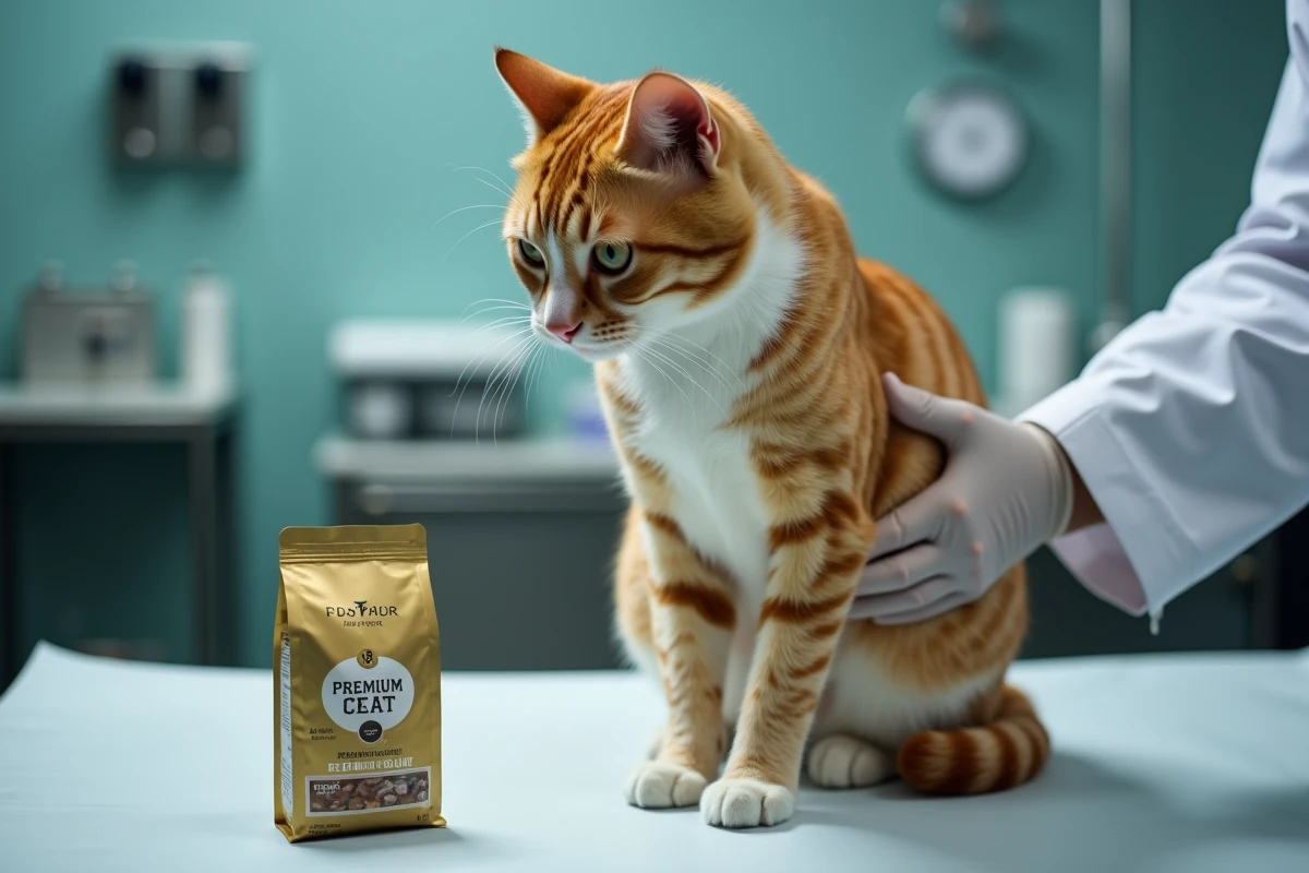 Vétérinaire examinant un chat sensible lors d'une consultation avec des croquettes Ultra Premium en arrière-plan