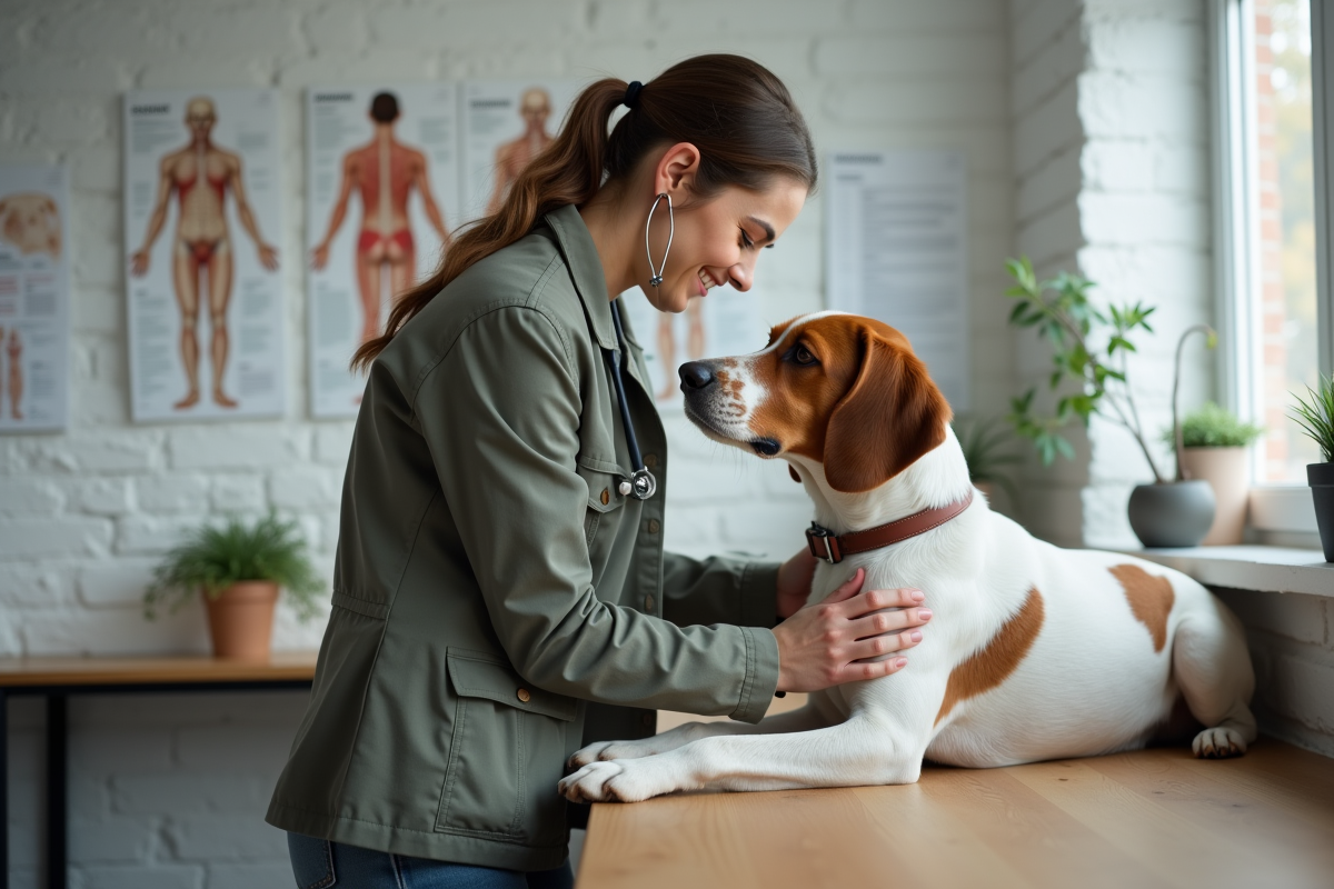 Vétérinaire examinant un chien Brittany en clinique