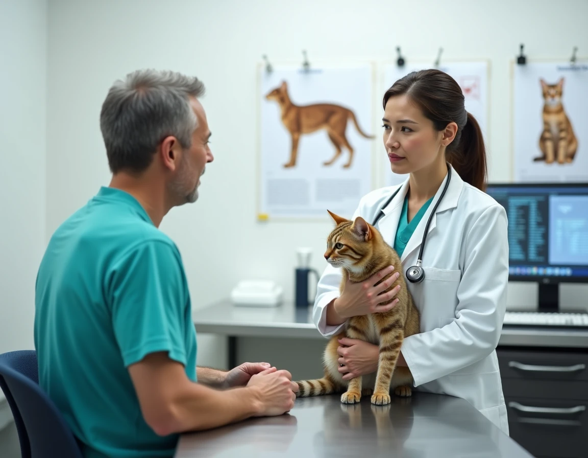 Vétérinaire expliquant les risques de la contraception non prescrite à un propriétaire de chat inquiet en cabinet