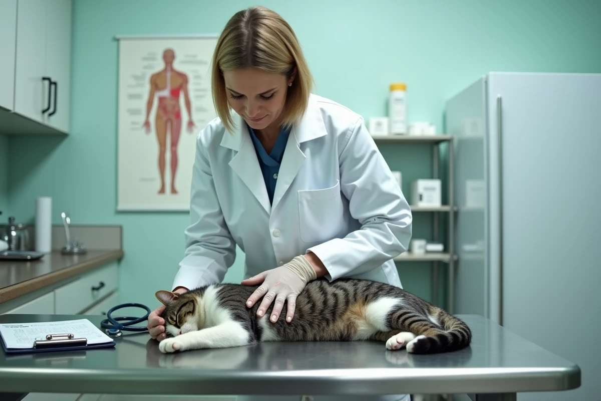Vétérinaire examinant un chat gris et blanc sur une table d'examen en acier inoxydable dans une clinique vétérinaire