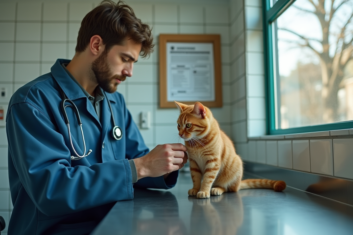 Vétérinaire examinant un chat roux dans une clinique