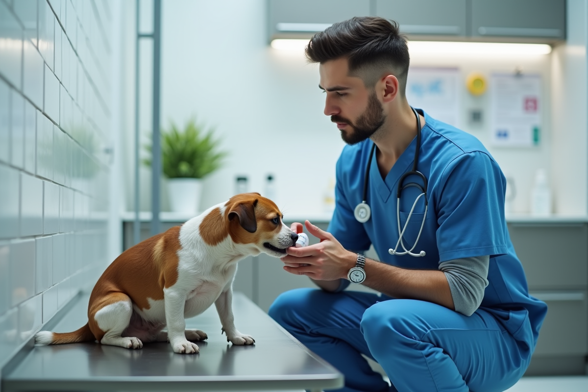 Vétérinaire explique la dose à un chien lors d