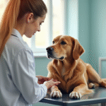Vétérinaire examinant un chien golden retriever dans une clinique moderne