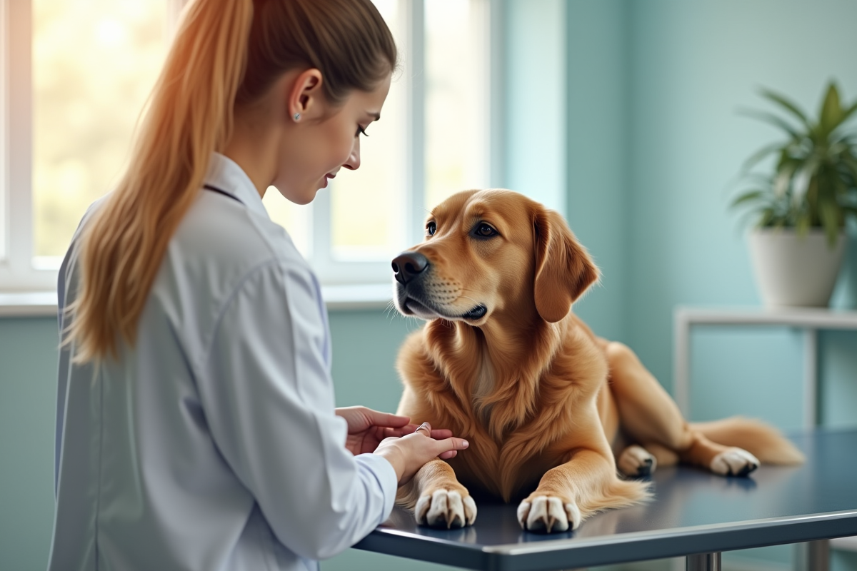 Vétérinaire examinant un chien golden retriever dans une clinique moderne