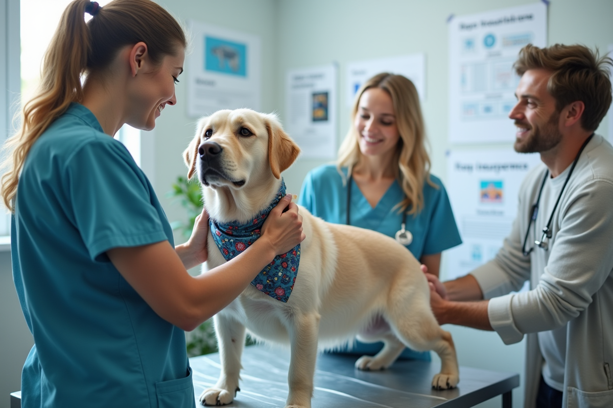 Vétérinaire examine un labrador gris dans une clinique moderne avec famille