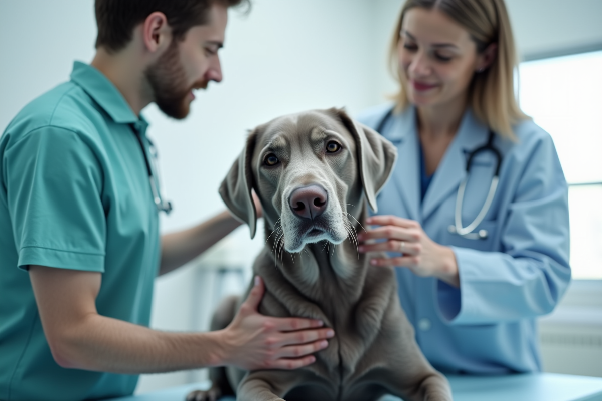 Vétérinaire examinant un Labrador gris moucheté en clinique