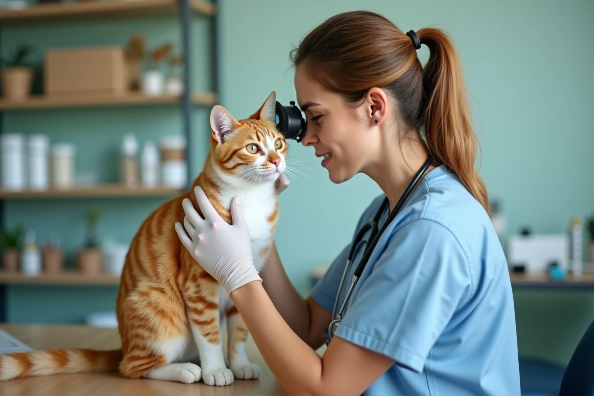 Vétérinaire examinant l'œil d'un chat roux avec un ophtalmoscope lors d'une consultation pour ulcère cornéen félin