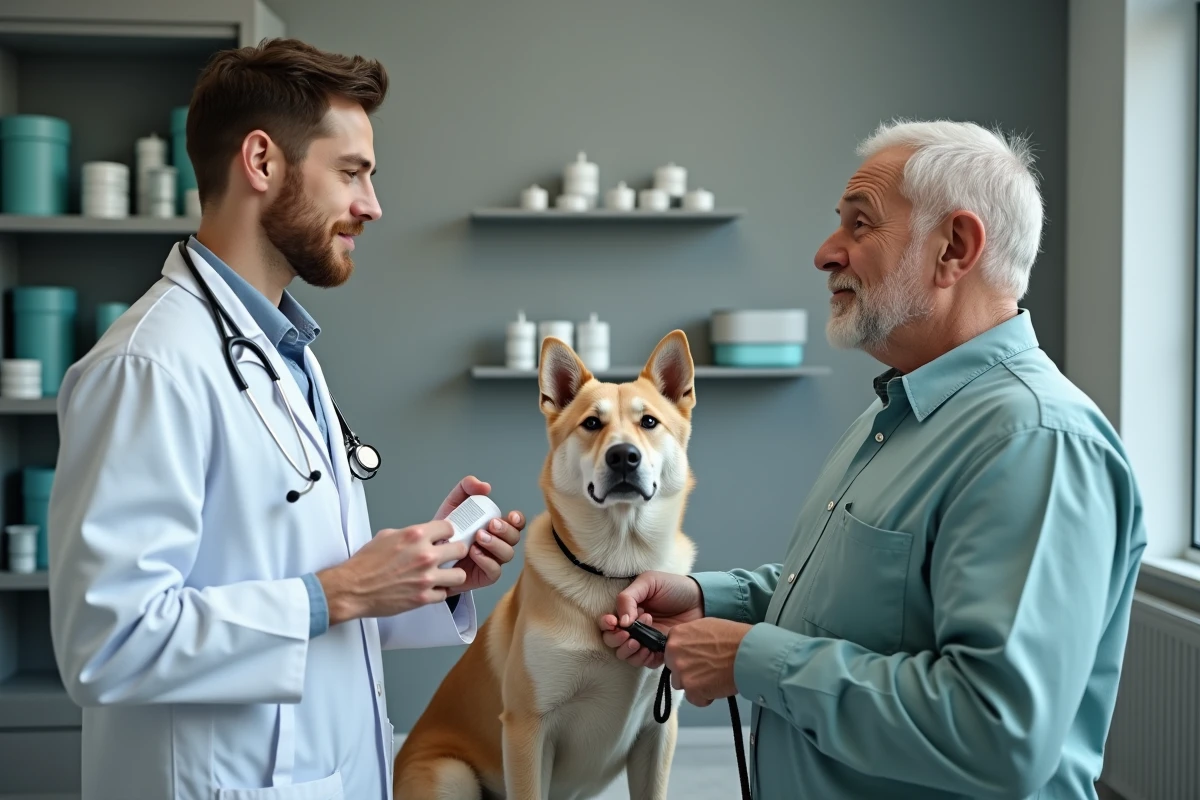 Vétérinaire expliquant une prescription à un propriétaire et son chien