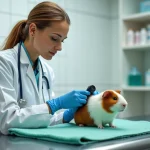 Vétérinaire spécialisée en NAC examinant un cochon d'Inde sur une table de consultation en clinique vétérinaire