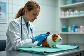 Vétérinaire spécialisée en NAC examinant un cochon d'Inde sur une table de consultation en clinique vétérinaire