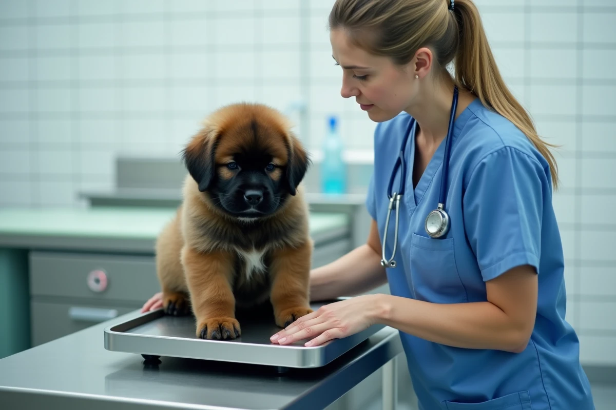 Vétérinaire pesant un chiot Terre Neuve de 4 mois sur une balance en clinique vétérinaire