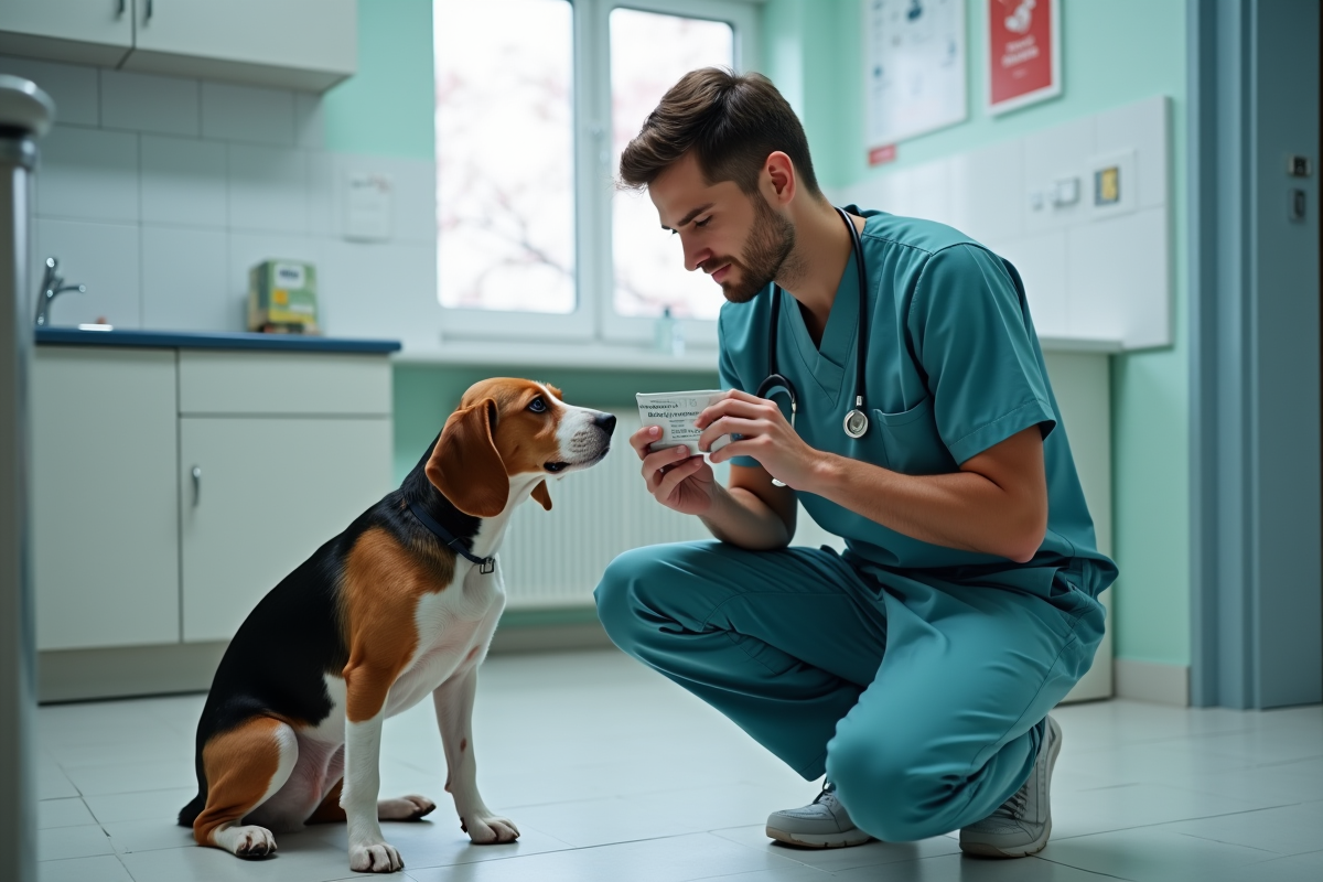 Vétérinaire examinant un beagle dans une clinique moderne