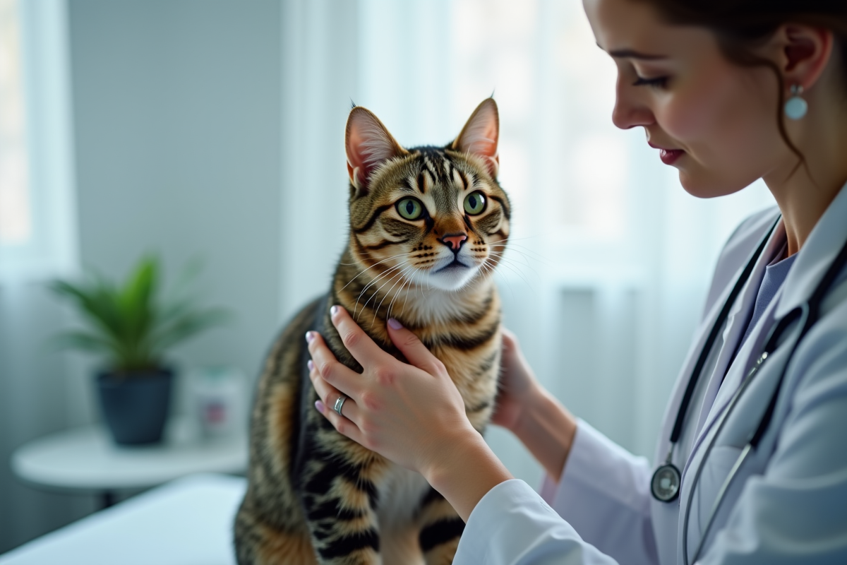 Vétérinaire tenant doucement un chat âgé lors d’un contrôle