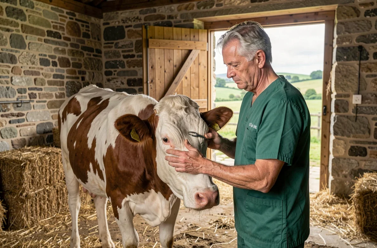 Vétérinaire rural examinant une vache dans une exploitation agricole près d'Hénanbihen, vétérinaires du Frémur
