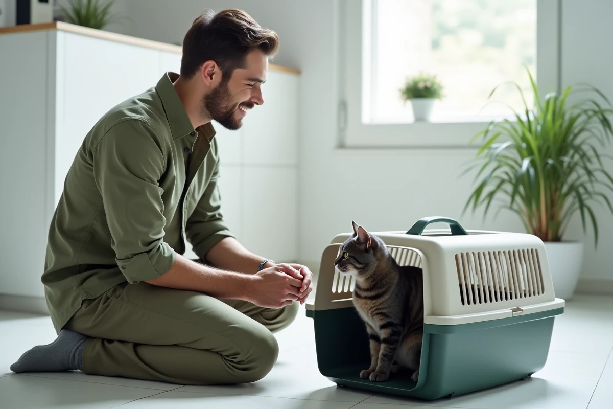 Homme et son chat dans la salle d'attente d'une clinique vétérinaire à Lyon, représentant les frais vétérinaires lors de l'adoption